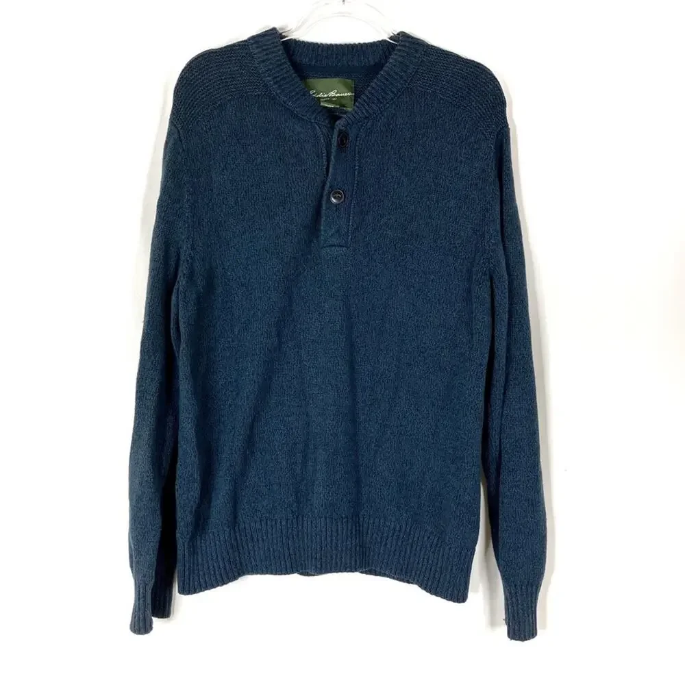 Eddie Bauer Navy Blue 100% Cotton Henley Sweater Pullover Mens XL